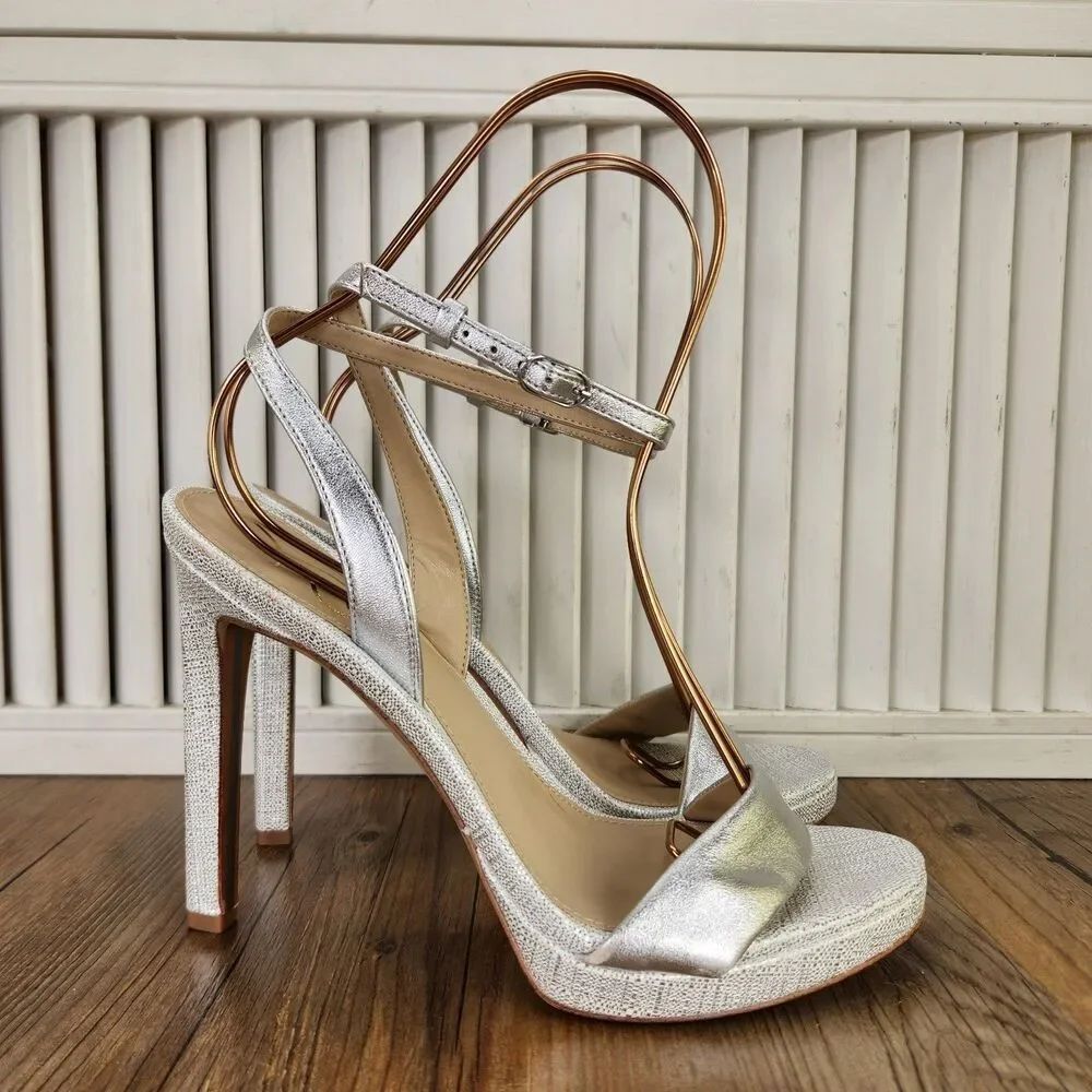 Sam Edelman Jade Stiletto Heels Womens Size 7 M Silver Leather Ankle Strap Shoes